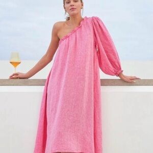 LAKE Pink linen One-Shoulder Dress